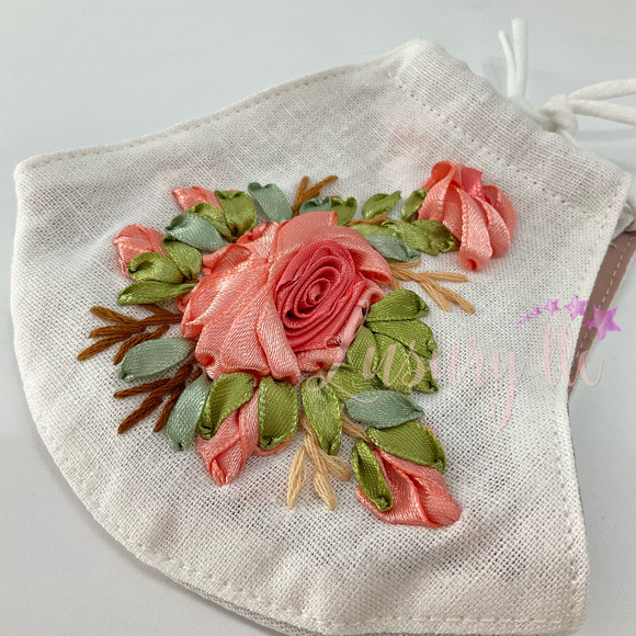 Orange Rose Embroidery Silk Mask, Wedding Gift, Washable Reusable 3 Layers - Picture 3 of 8